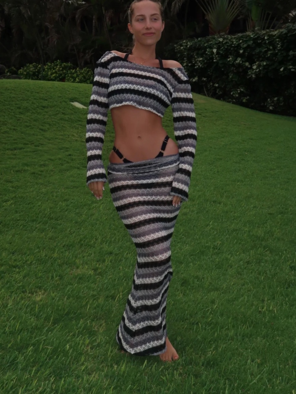 Strawberry Milk Mob Striped Maxi Skirt in Black, Gray & White